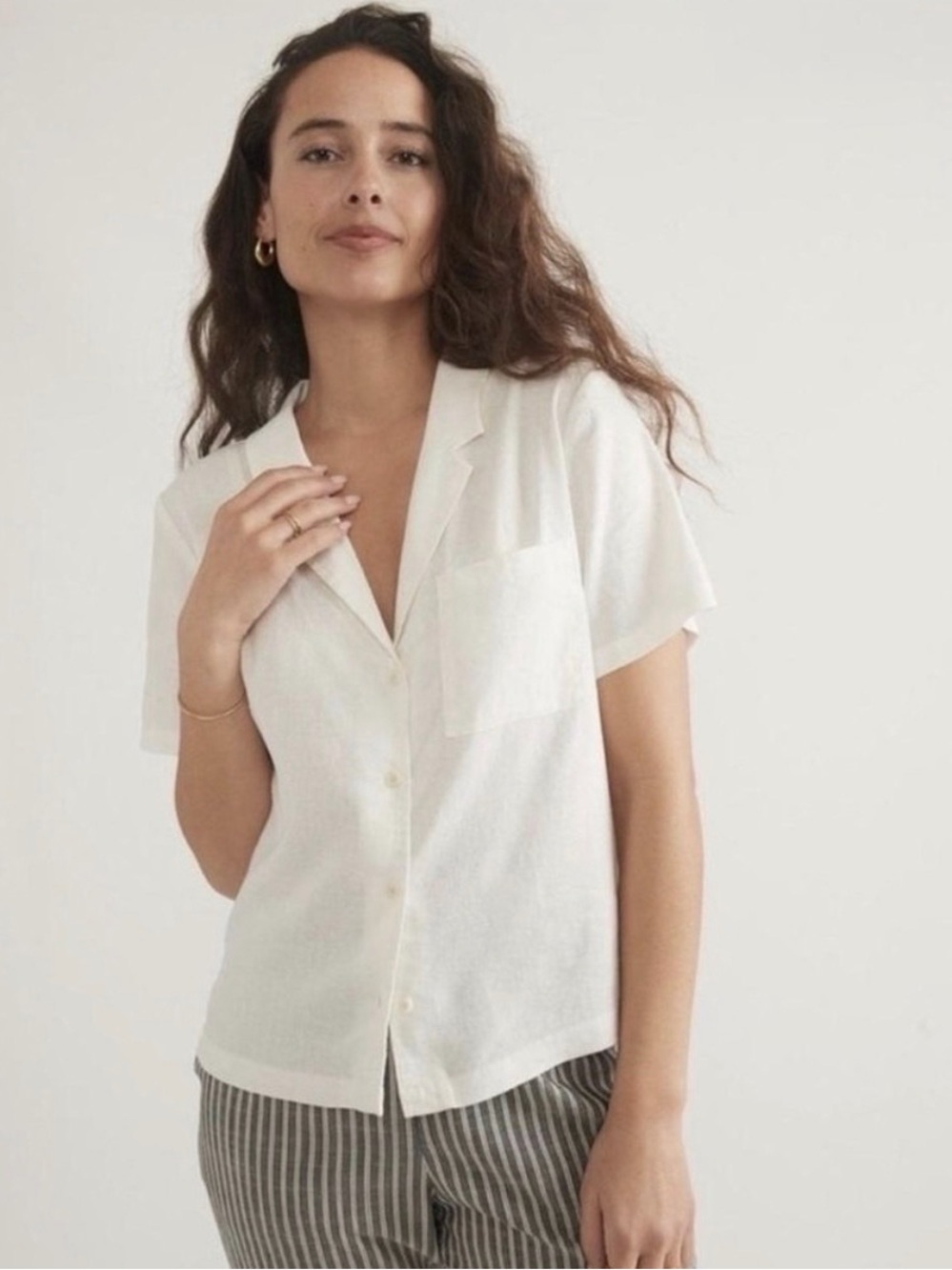 Marine Layer Women's Camp Shirt White Button Front Top XS Hemp Tencel Preppy